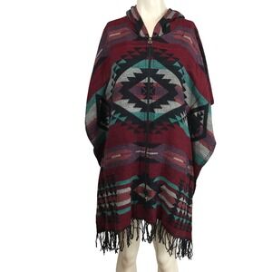 Women's Hooded Zip Poncho - Burgundy Aztec